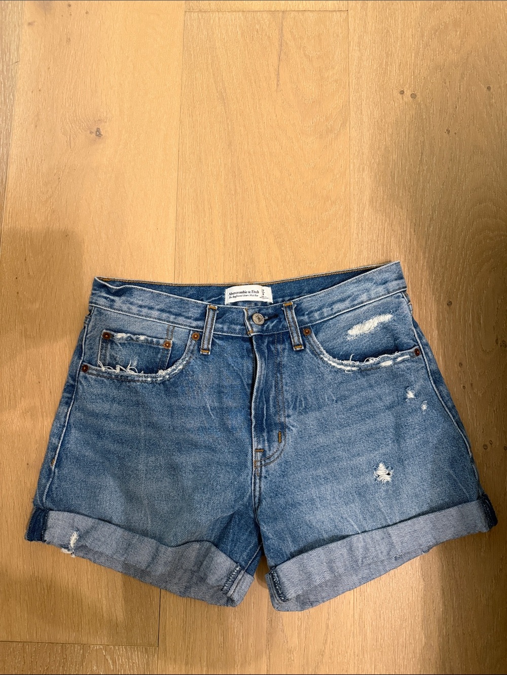 Abercrombie & Fitch boyfriend Distressed Blue Denim Roll-Cuff Shorts